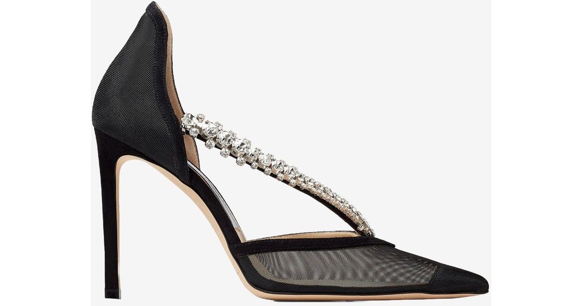 JIMMY CHOO☆サイーダ 100 クリスタルチェーン Black スエード Saeda 100 | Black Suede Pumps with Crystal Embellishment