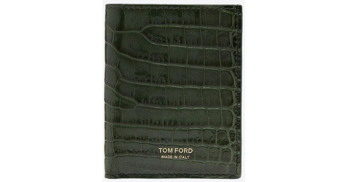 Tom Ford Croc-Embossed Leather Bi-Fold Cardholder in Green for Men