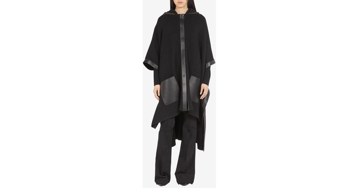 Ferragamo Leather-trimmed Poncho With Hood in Black | Lyst