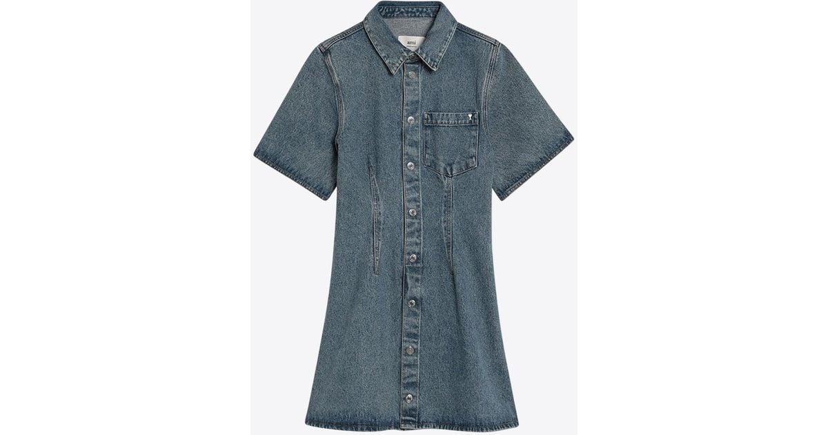 【関税&送料込】Ami Paris Mini Dress Ami De Coeur In Denim Ami De Cœur denim shirt dress in blue - Ami Paris | Mytheresa