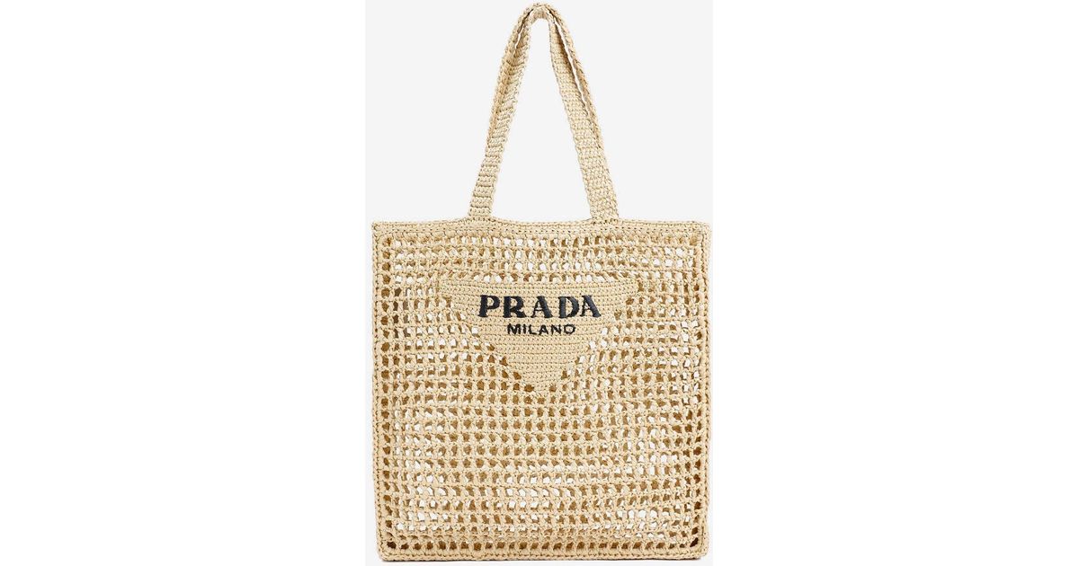 prada logo embroidered raffia tote bag