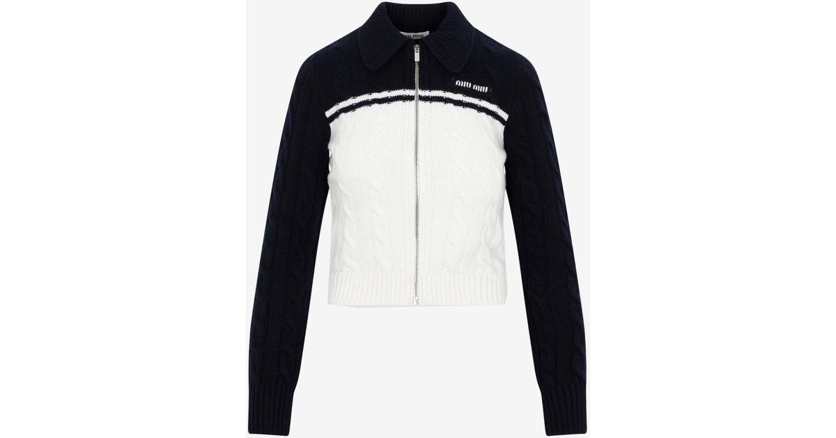 Miu Miu Cable-knit Zip-up Cardigan In Wool And Cashmere in Black 
