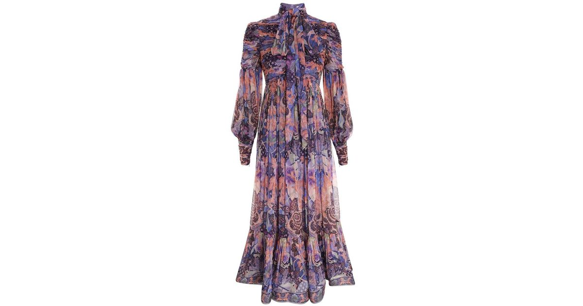 zimmermann celestial ruched midi dress Zimmermann Celestial High-neck Woven Midi Dress in Purple