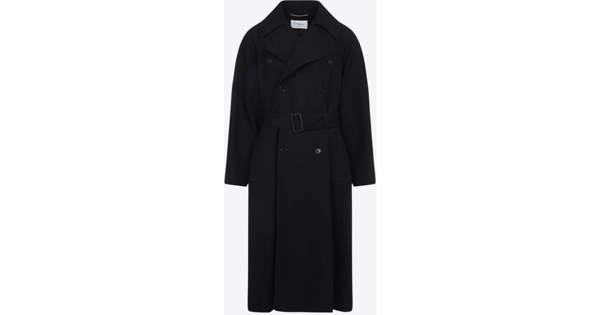 Saint Laurent Belted Long Wool Coat in Black for Men | Lyst