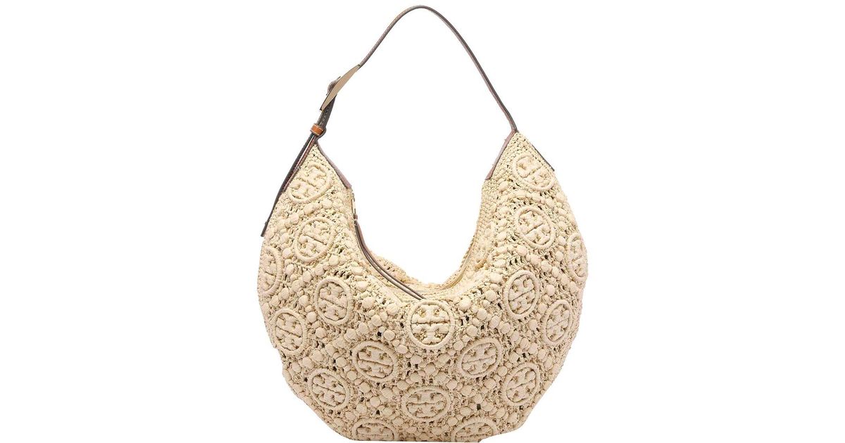 Tory Burch Natural Raffia T Monogram Balloon Bag | Lyst