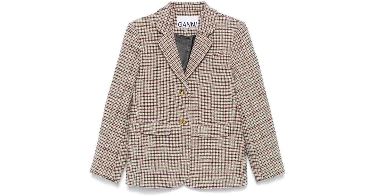 Ganni Check Wool Mix Boxy Blazer in Black | Lyst