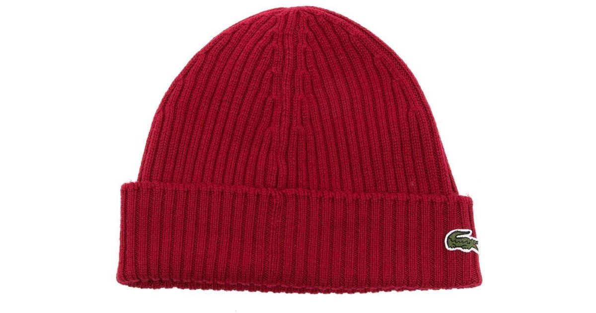 Lacoste Logo-patch Ribbed-knit Beanie in Red for Men | Lyst