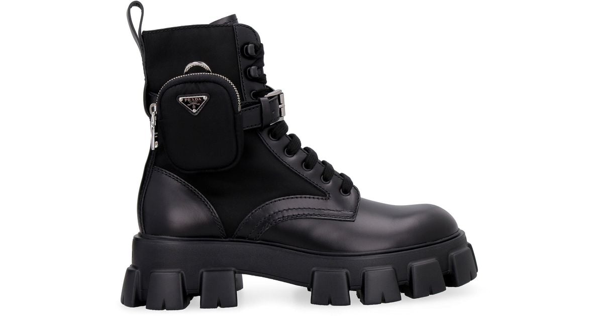 Prada Monolith Leather Lace-up Boots in Black for Men | Lyst