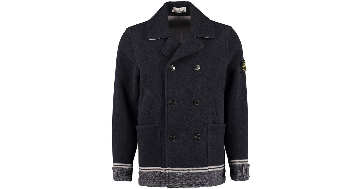Save 9% Stone Island Wool Blend Double-breasted Coat in Navy Blue Mens Clothing Coats Short coats for Men 