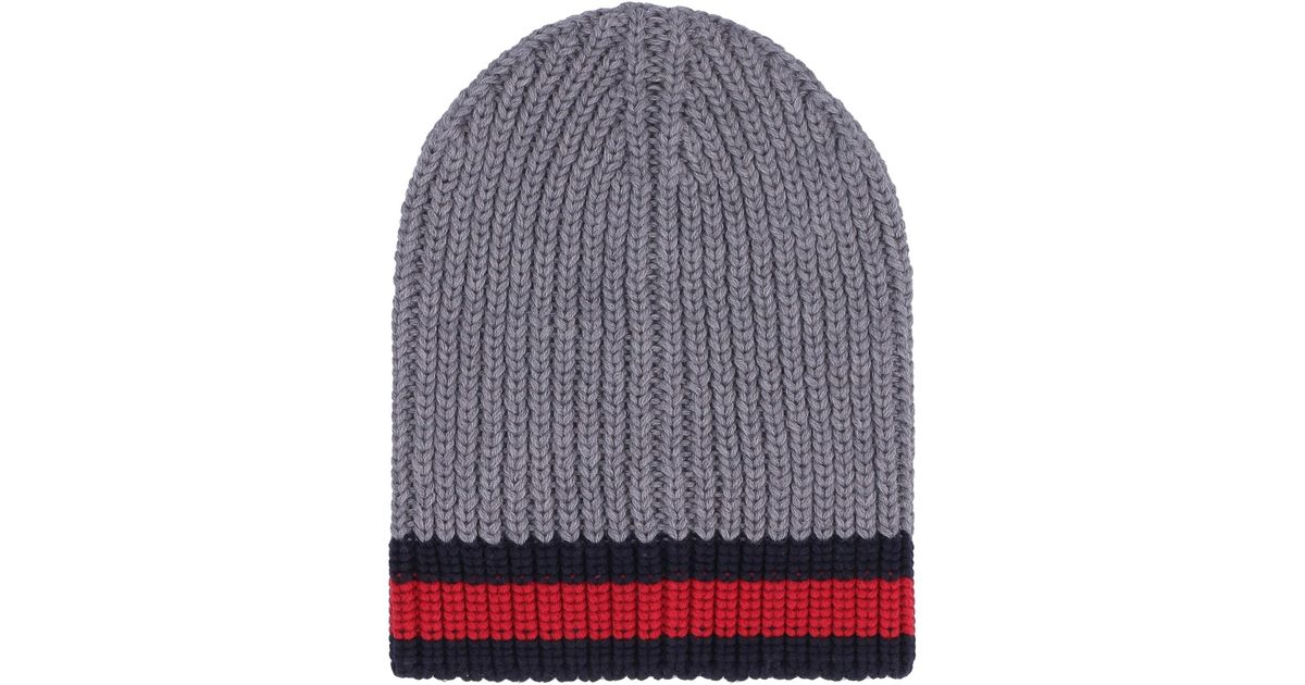 GUCCI Wool Stripe Beanie Hat L White Red Blue 1035680