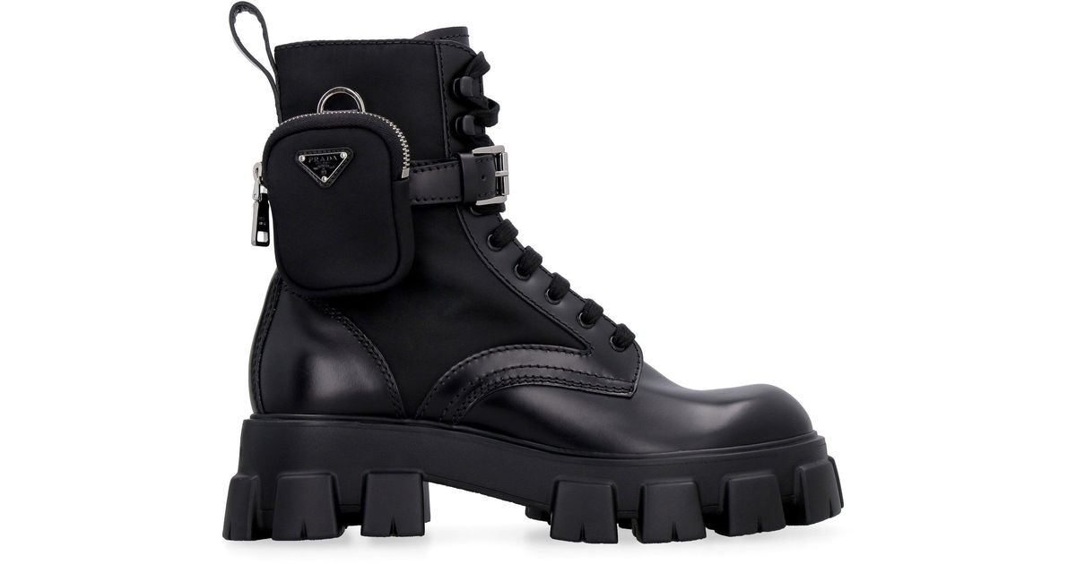 Prada Monolith Leather And Re-nylon Boots in Black for Men | Lyst