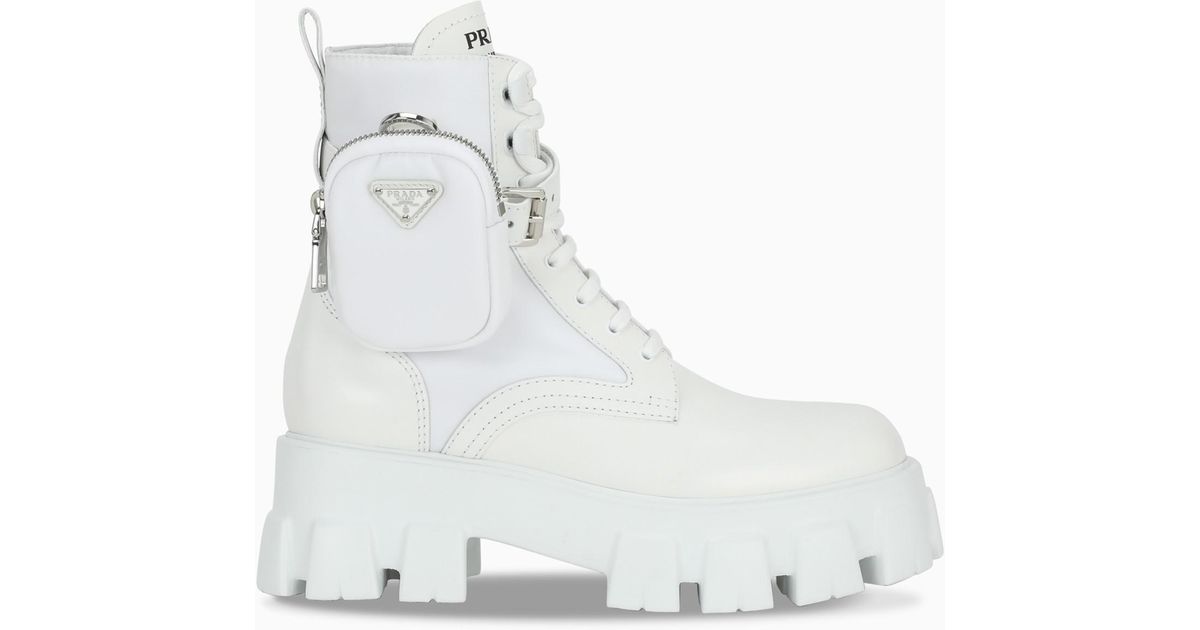 Prada Brushed Leather And Nylon Monolith Boots in White | Lyst