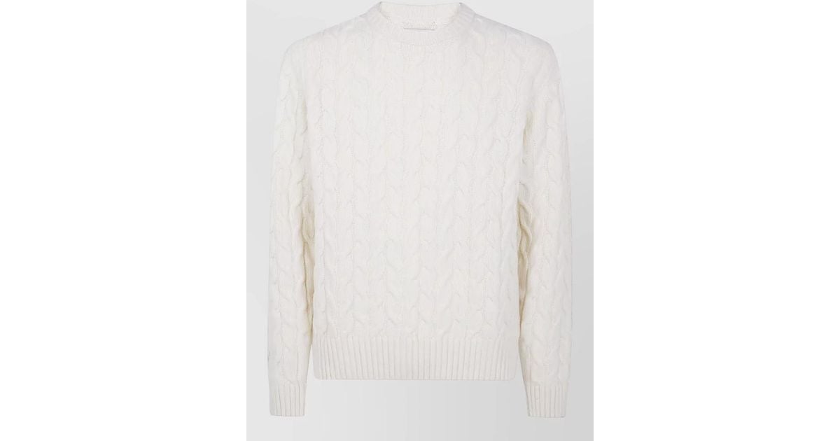 White Cable Knit Crew Neck Ribbed Hem Sweater