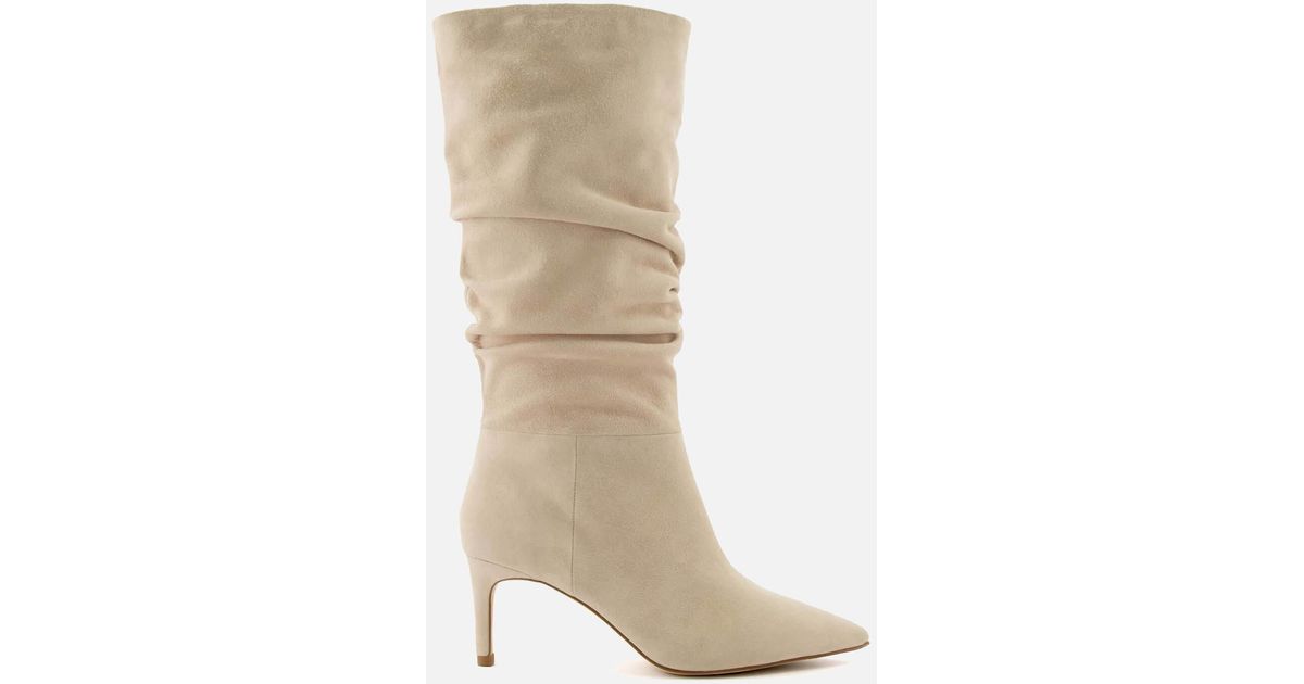 Dune Slouch Suede Heeled Knee High Boots in Natural | Lyst