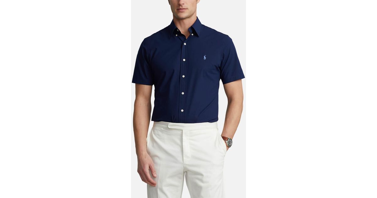 Polo Ralph Lauren Custom Fit Stretch Poplin Short Sleeve Shirt in Blue ...