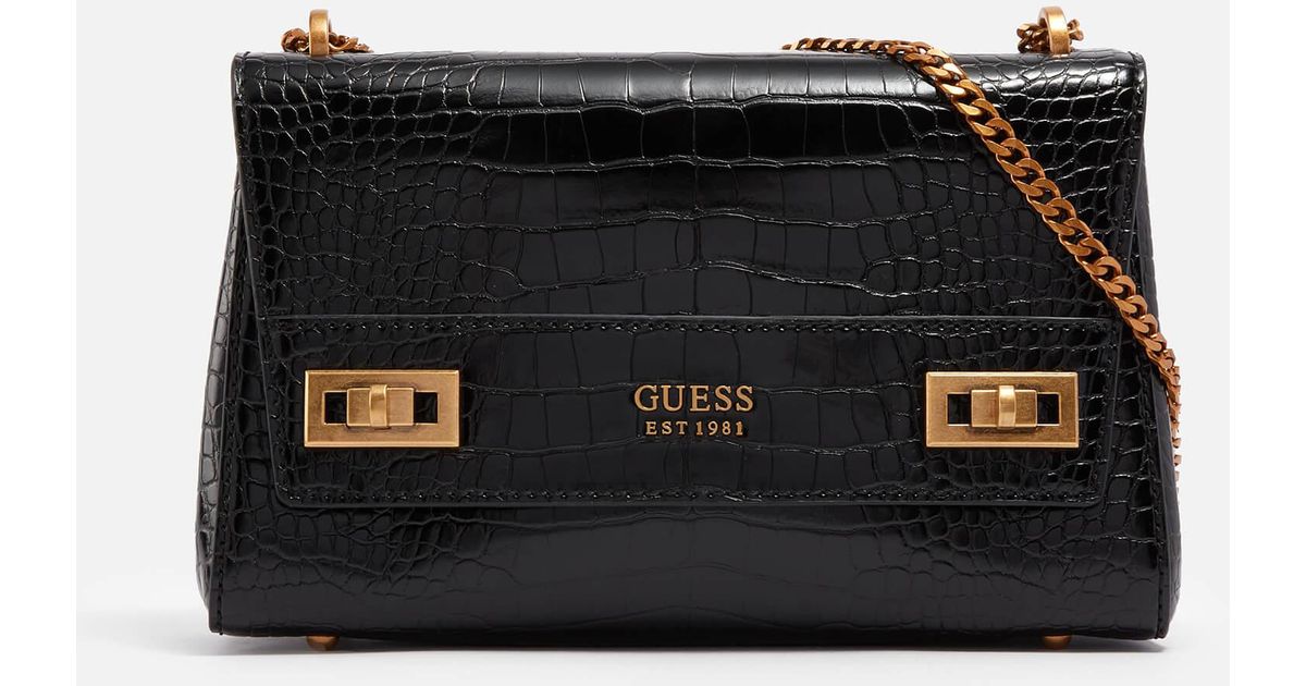 Guess Katey Croc-style Faux Leather Shoulder Bag in Black | Lyst