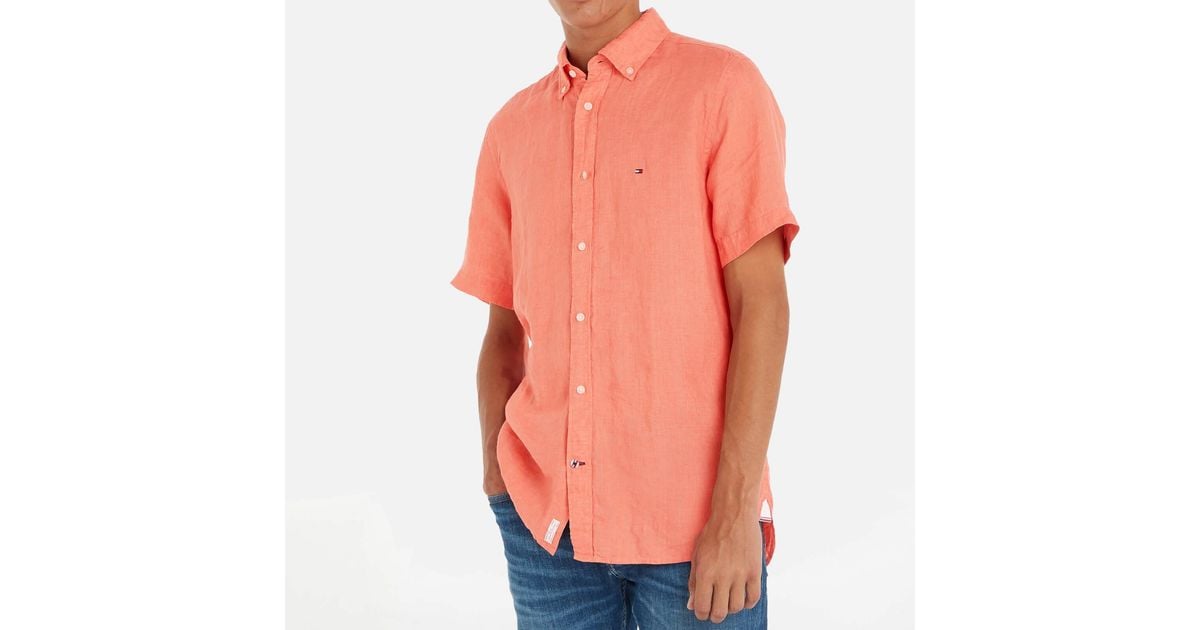 Tommy Hilfiger Pigment Dyed Linen Short Sleeve Shirt In Peach Dusk
