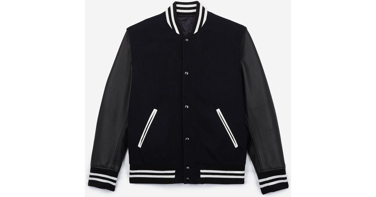 The Kooples Navy Blue And Black Wool Varsity Jacket With Leather Sleeves For Men