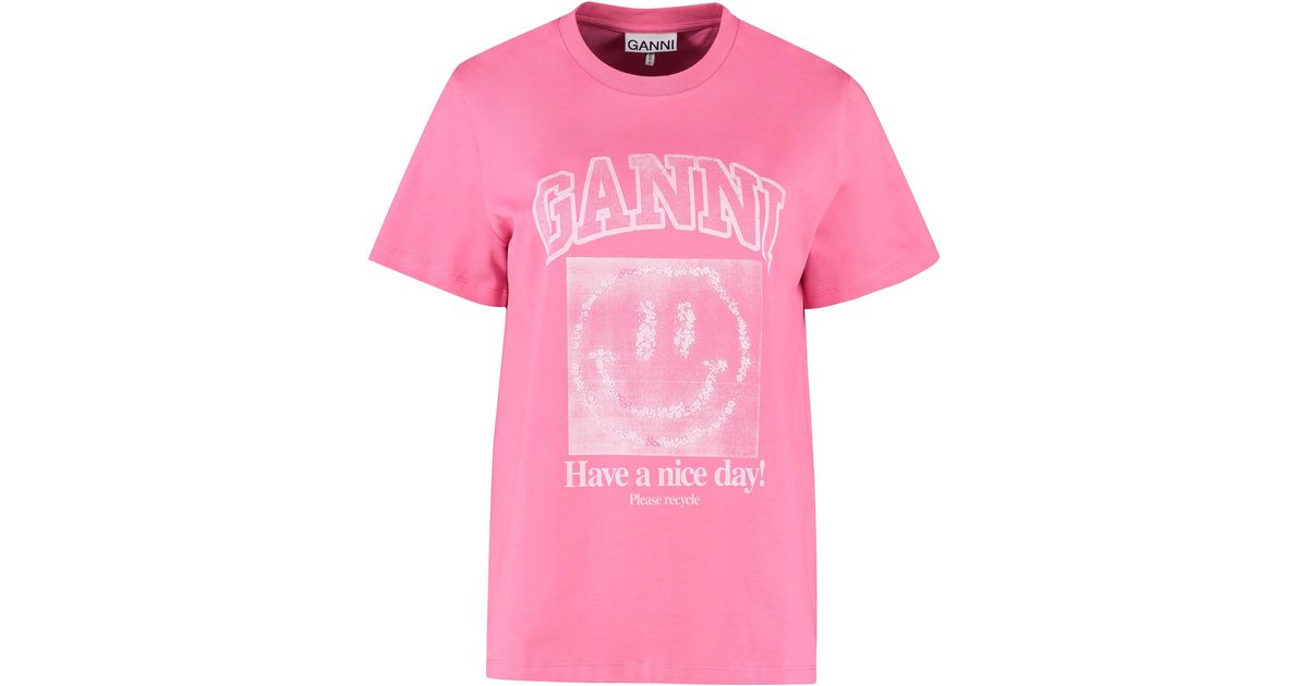Ganni Smiley Cotton T-shirt in Pink | Lyst