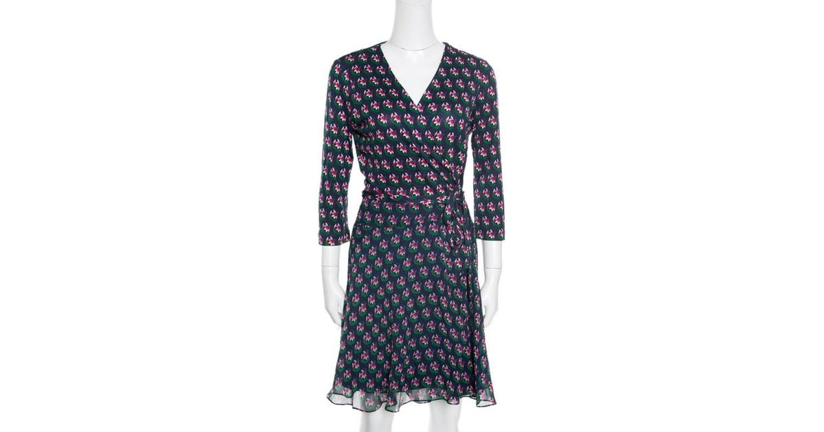 Diane von Furstenberg Silk Navy Blue Zen Floral Print Irina Wrap Dress