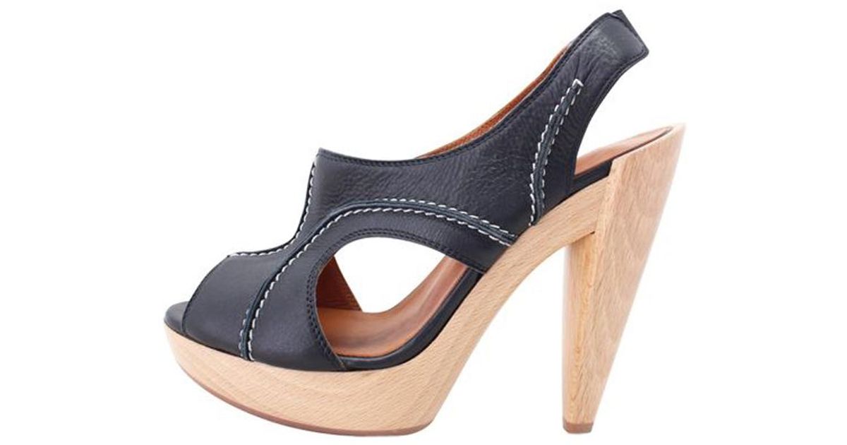 Lanvin Black Leather Wooden Heel Sandals Size 37 - Lyst