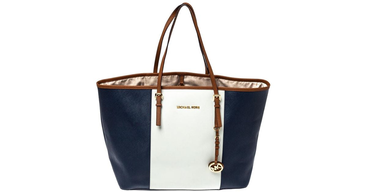 MICHAEL Michael Kors Blue/white Saffiano Leather Large Jet Set Travel Tote - Lyst