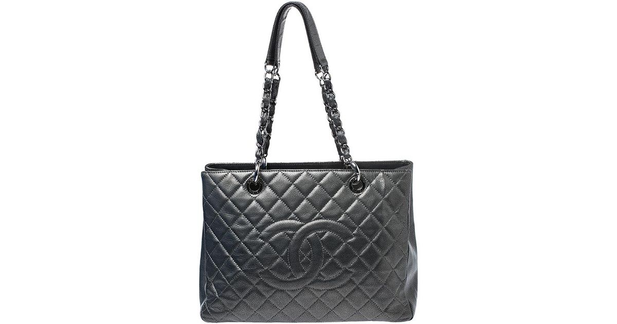 chanel black quilted caviar leather grand shopping tote