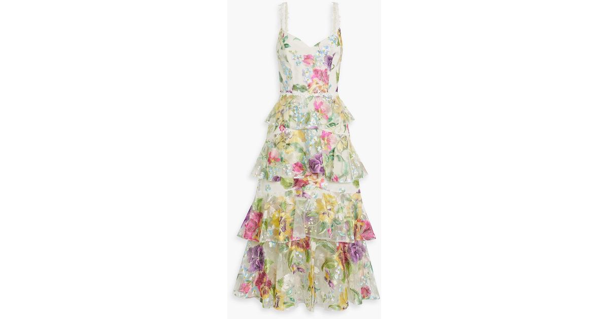 Marchesa Tiered Embroidered Tulle Midi Dress in White | Lyst Canada Marchesa Tiered Embroidered Tulle Midi Dress in White | Lyst Canada