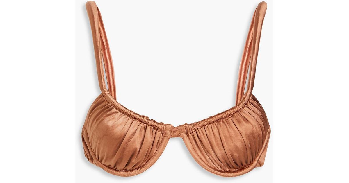 Isa Boulder Twist Ruched Metallic Stretch-satin Underwired