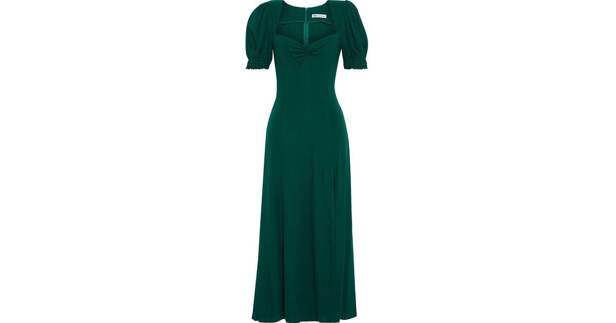 Reformation Synthetic Lacey Ruched Crepe Midi Dress Emerald in Green - Lyst