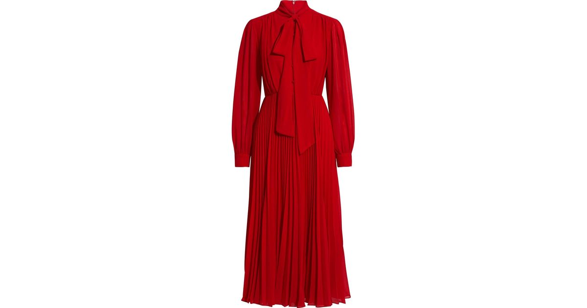 Mikael Aghal Synthetic Pussy-bow Pleated Crepe Midi Dress in Red - Lyst