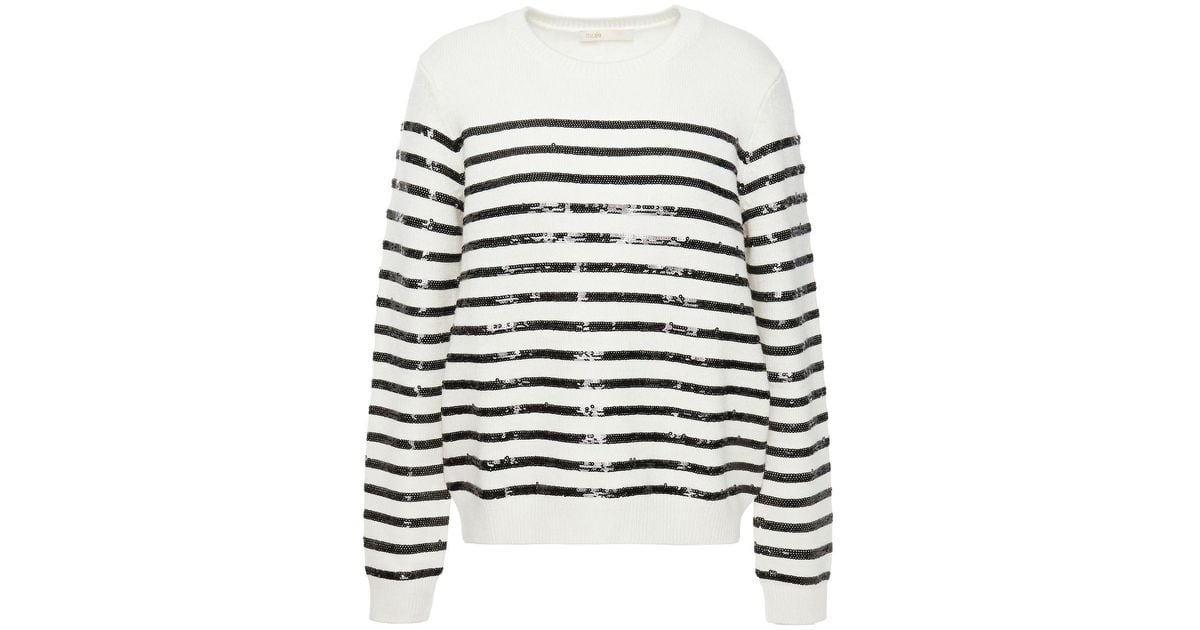 Maje Mystrip Sequin embellished Striped Knitted Sweater in White