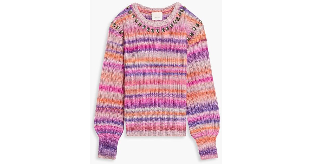 Cinq Ã Sept Myra Crystal-embellished Striped Ribbed Wool-blend Sweater in Pink | Lyst