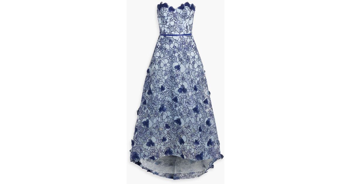 marchesa notte strapless high low embroidered tulle gown
