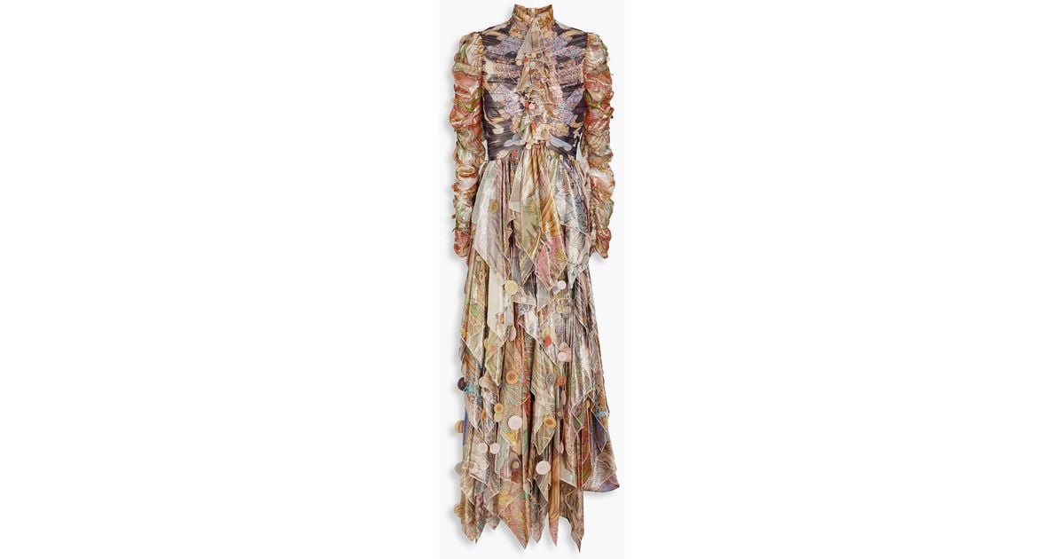 Zimmermann Ruffled Printed Lamé Maxi Dress in Natural | Lyst