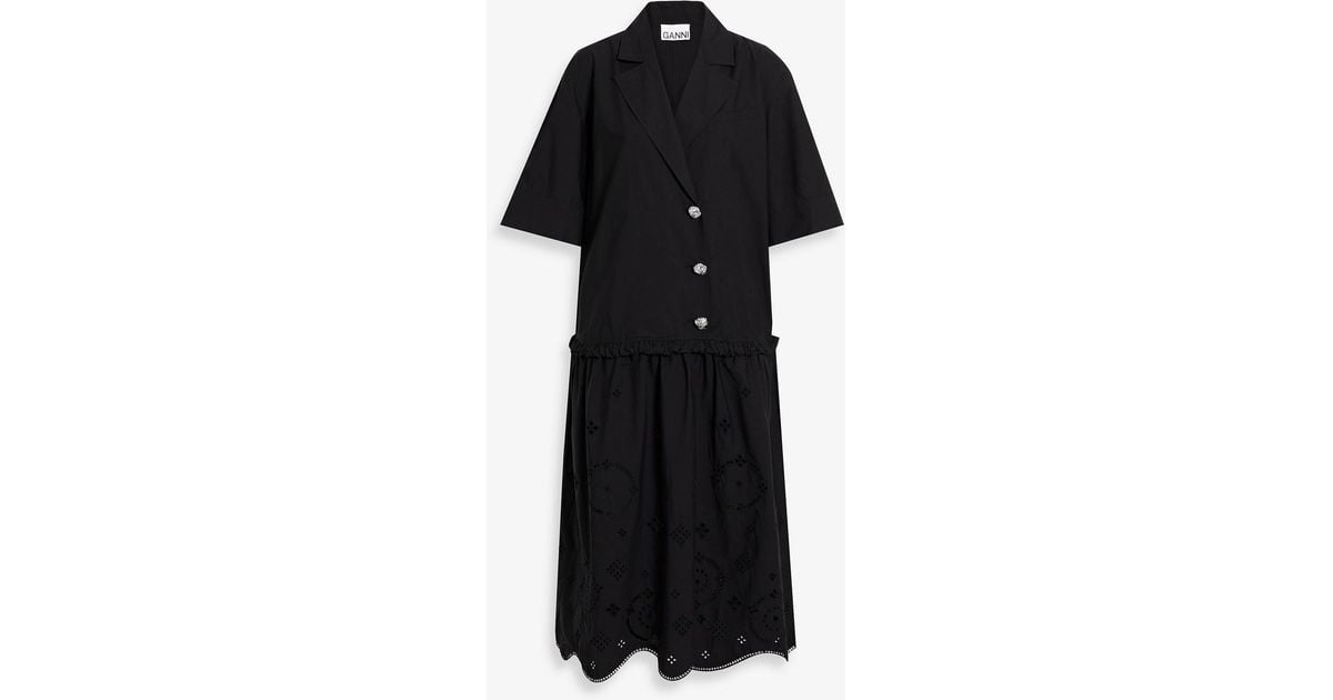 Ganni Gathered Broderie Anglaise Cotton-poplin Midi Dress in Black ...