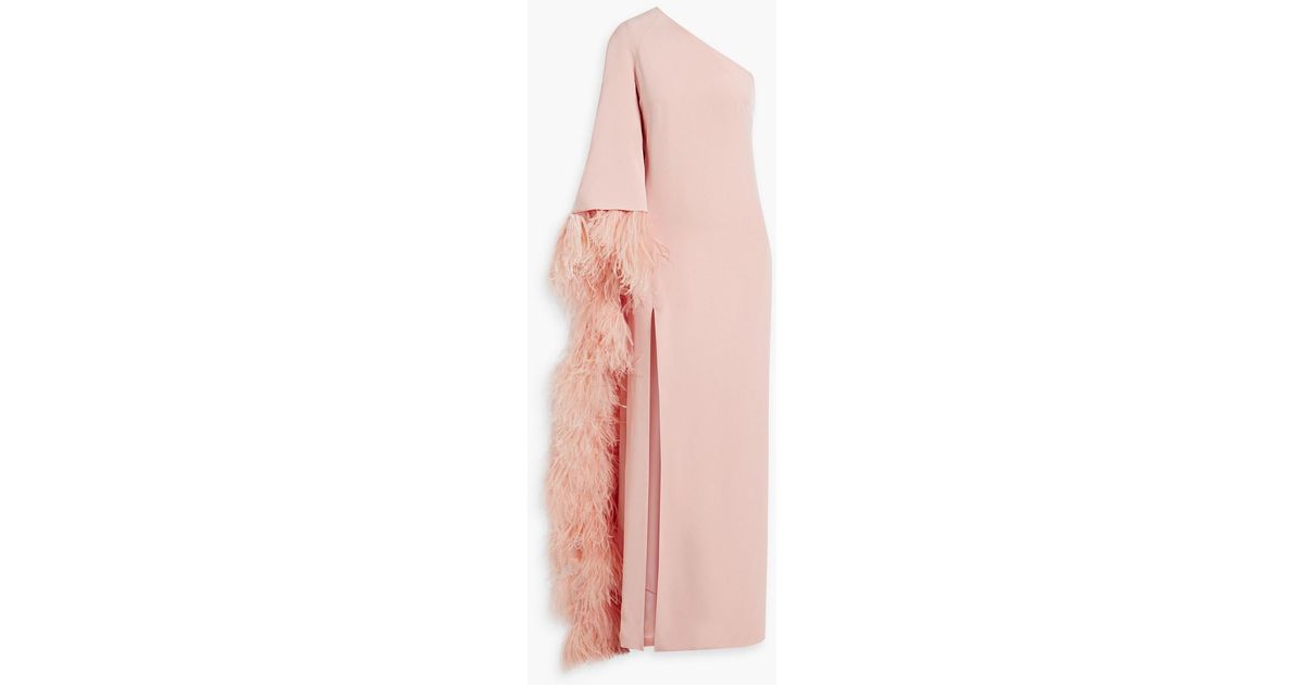 Monique Lhuillier One-sleeve Feather-embellished Crepe Gown in Pink | Lyst