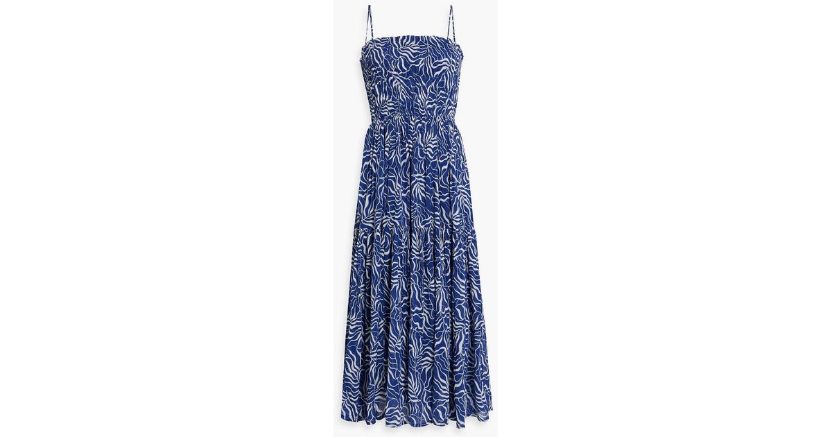 Joie Lesse Shirred Printed Cotton-voile Midi Dress in Blue | Lyst