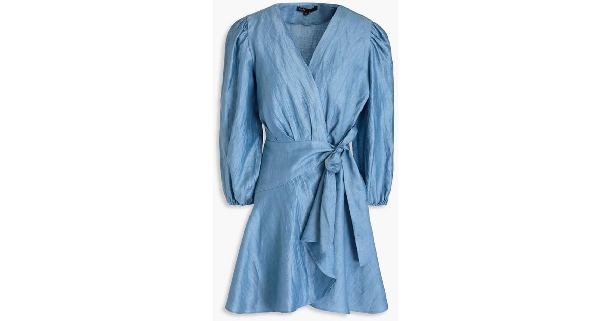 Maje Draped Linen-Blend Mini Wrap Dress in Blue | Lyst UK