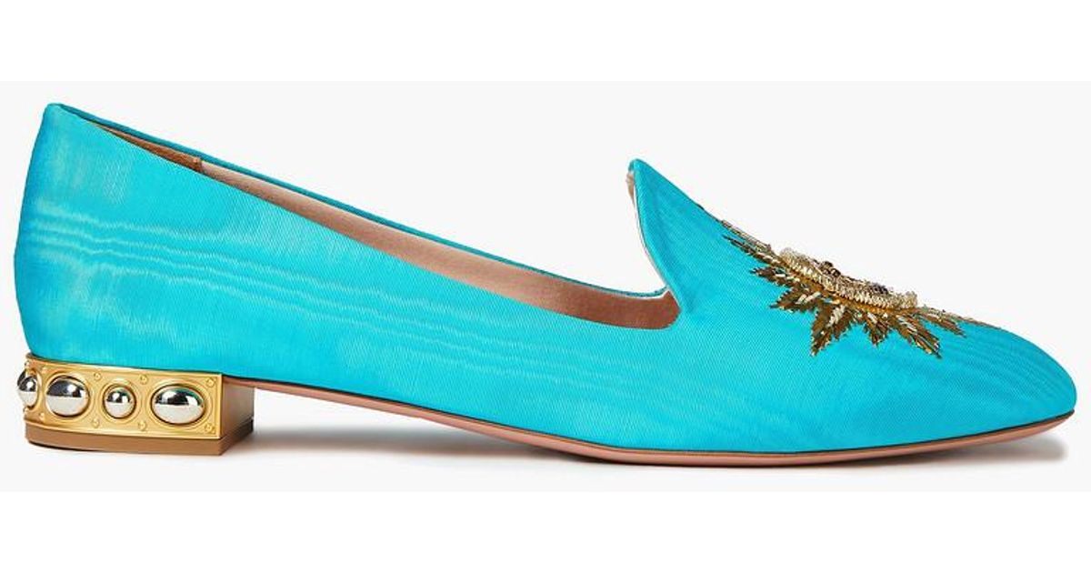 Aquazzura Indian Sun Embellished Moire Loafers in Blue | Lyst