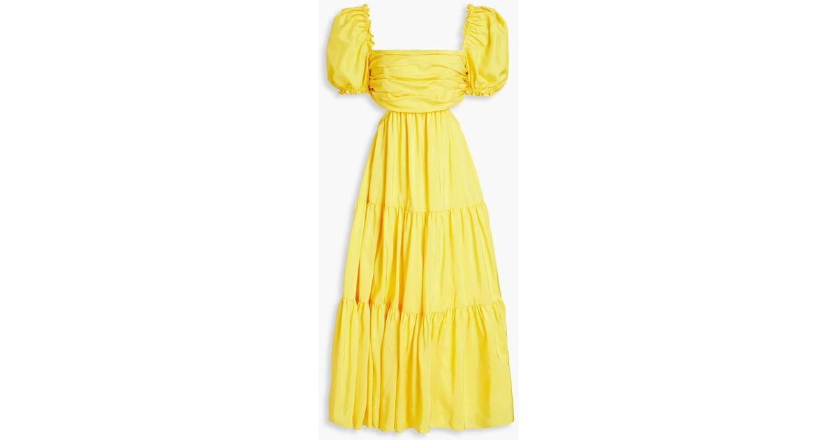 Rebecca Vallance Izzy Tiered Cutout Silk Satin Midi Dress In Yellow Lyst