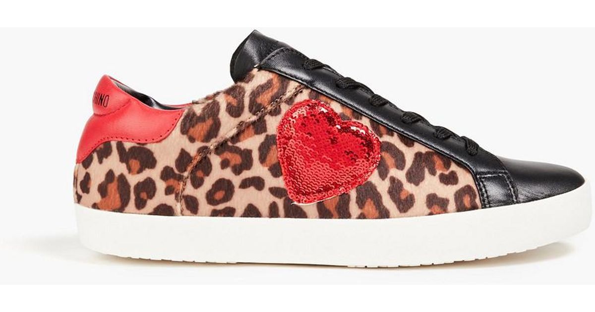 Love Moschino Sequin embellished Leopard print Velvet And Leather Sneakers in Red Lyst UK