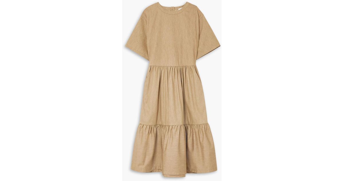 King & Tuckfield Tiered Gathered Cotton Midi Dress in Natural | Lyst