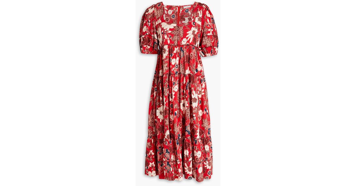 Ulla Johnson Nora Gathe Floral-print Cotton-blend Midi Dress in Red | Lyst