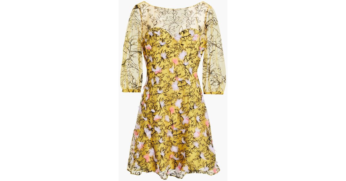 Marchesa notte Floral-appliquéd Embroidered Tulle Mini Dress in Yellow |  Lyst