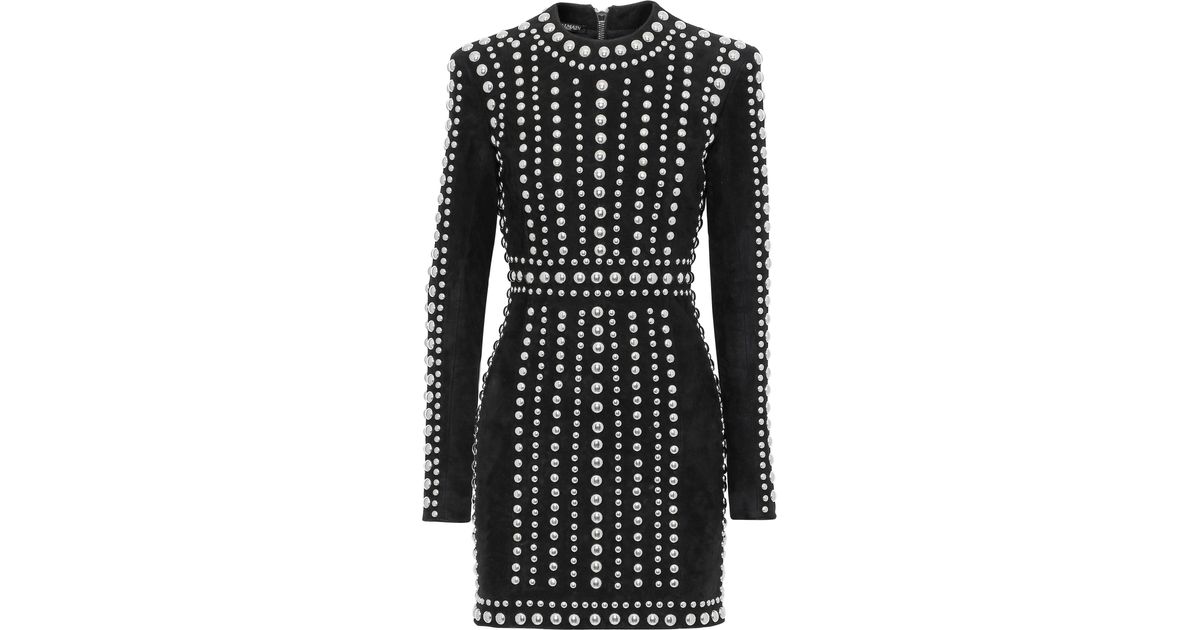 Balmain Studded Suede Mini Dress Black | Lyst
