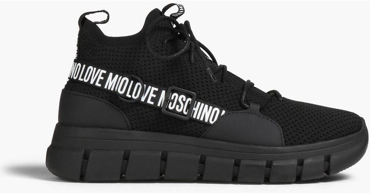 Love Moschino Synthetic Monogram-trimmed Stretch-knit Sneakers in Black |  Lyst