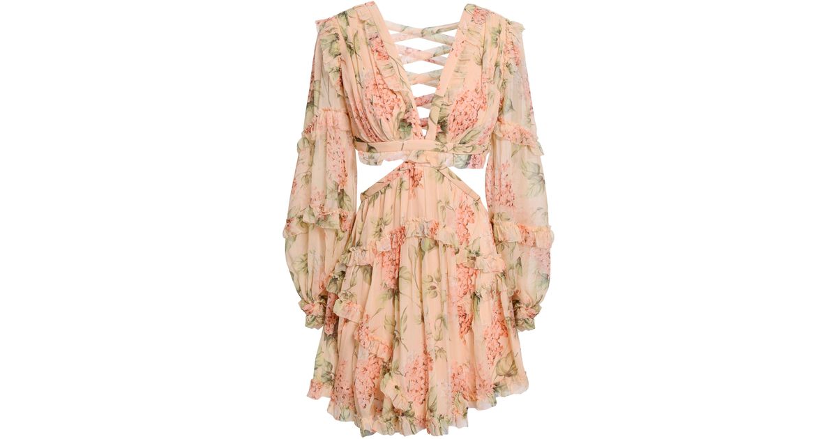 Zimmermann Laceup Cutout Floralprint Mini Dress Peach