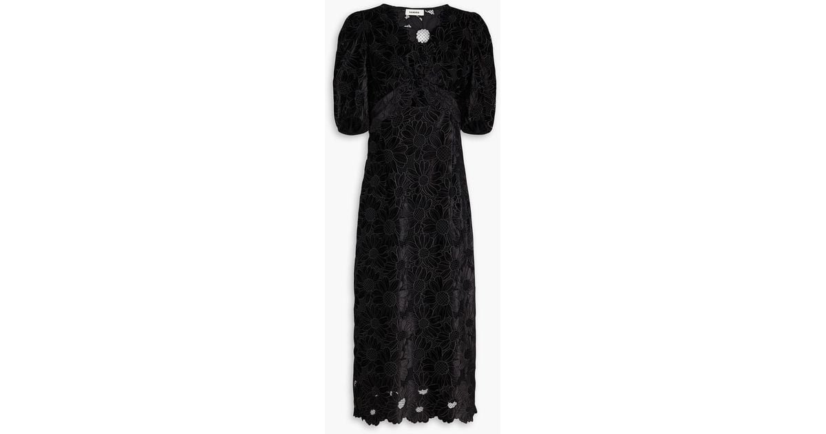 Sandro Cutout Guipure Lace And Velvet Midi Dress in Black | Lyst UK