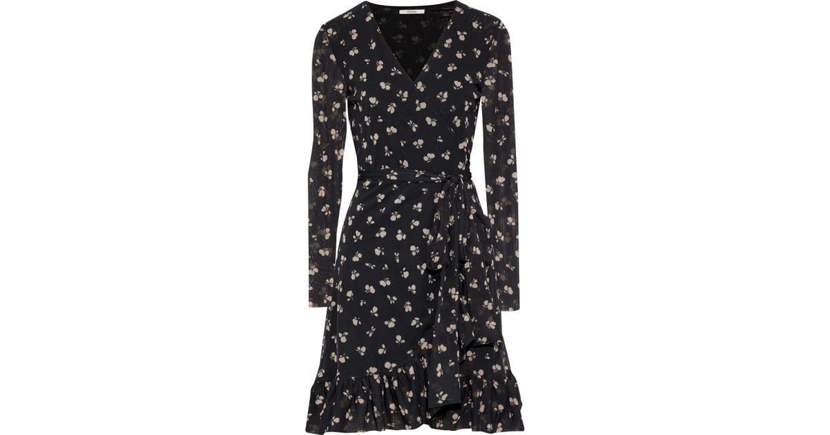 Ganni Tilden Floral-print Mesh Mini Wrap Dress Black | Lyst